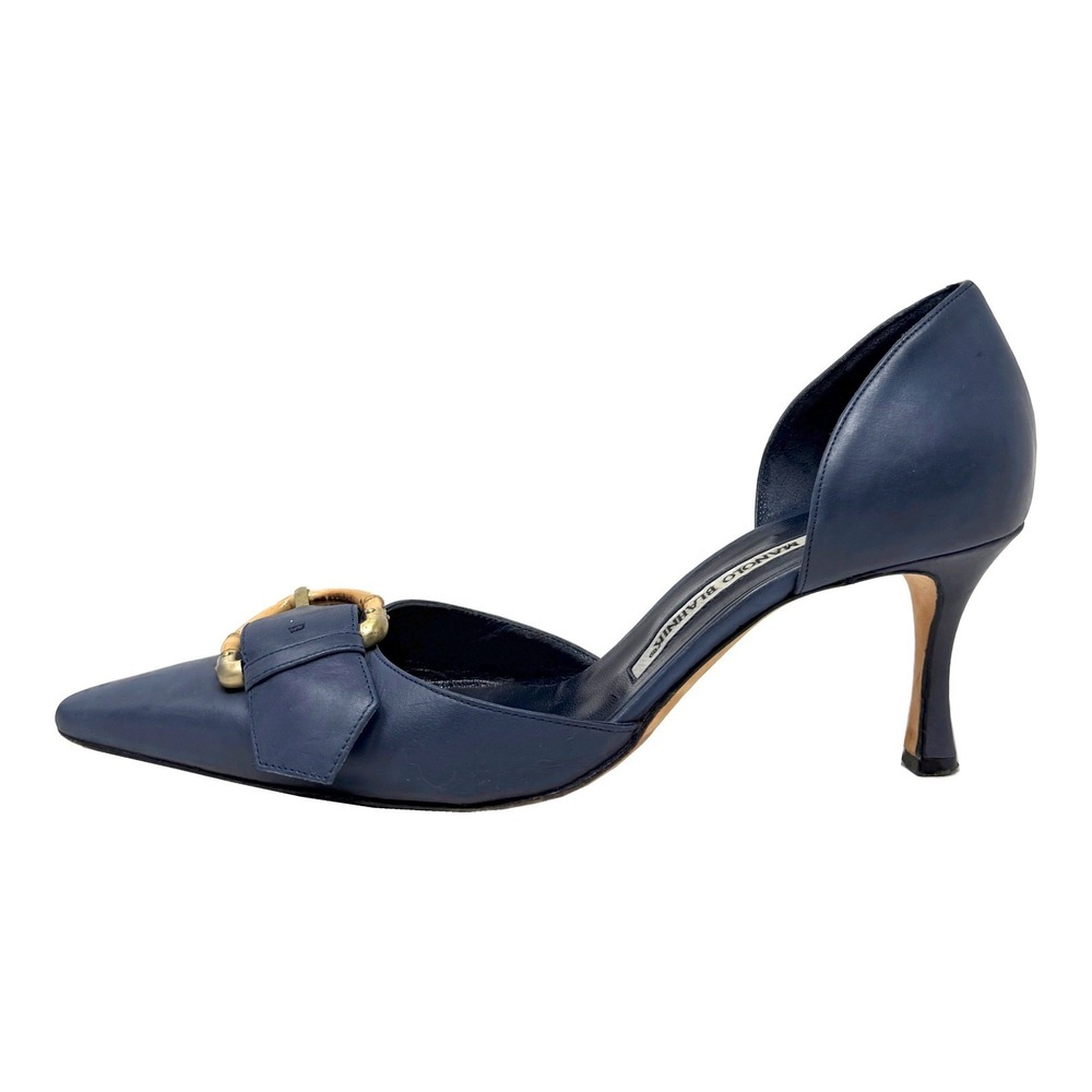 Vintage Manolo Blahnik Dark Blue Leather D'Orsay Pumps Bamboo Buckle Size‎ 37.5